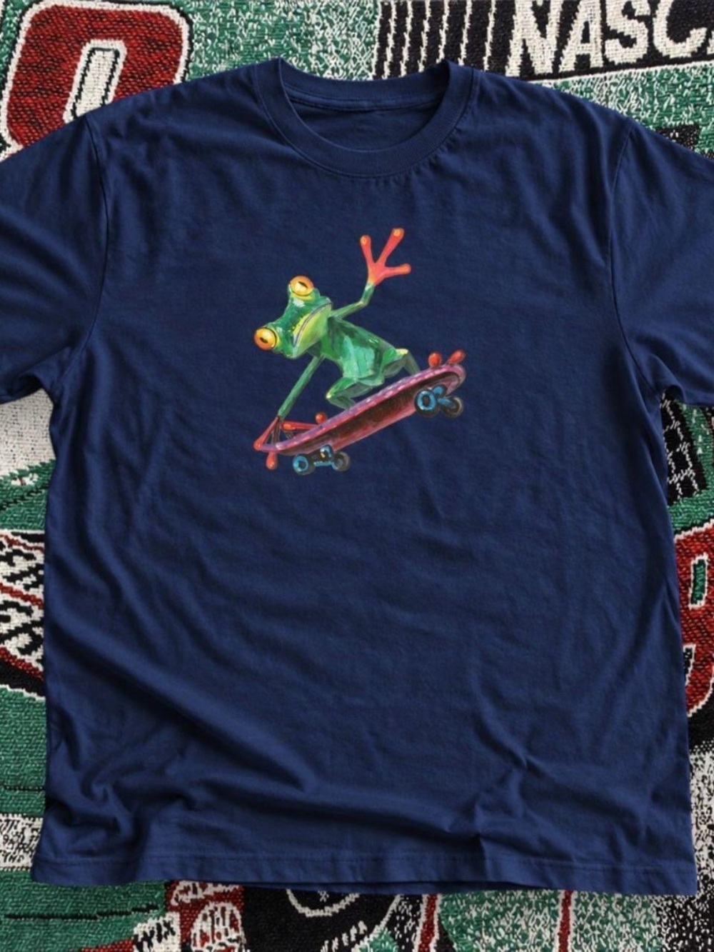 Gildan Navy Short-Sleeve Tee with Colorful Skateboarding Frog Graphic